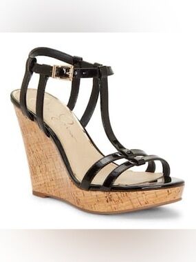 Jessica Simpson Black Patent T-Strap Cork Wedge Sandal
